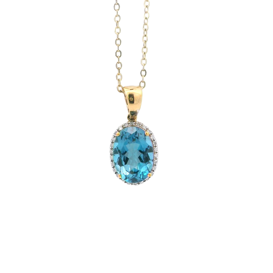 9ct YG Blue Topaz and Diamond Pendant