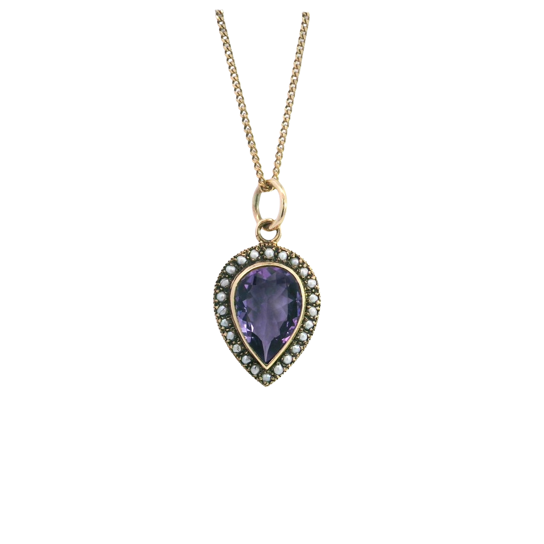 9ct YG Amethyst and Seed Pearl Pendant on Chain