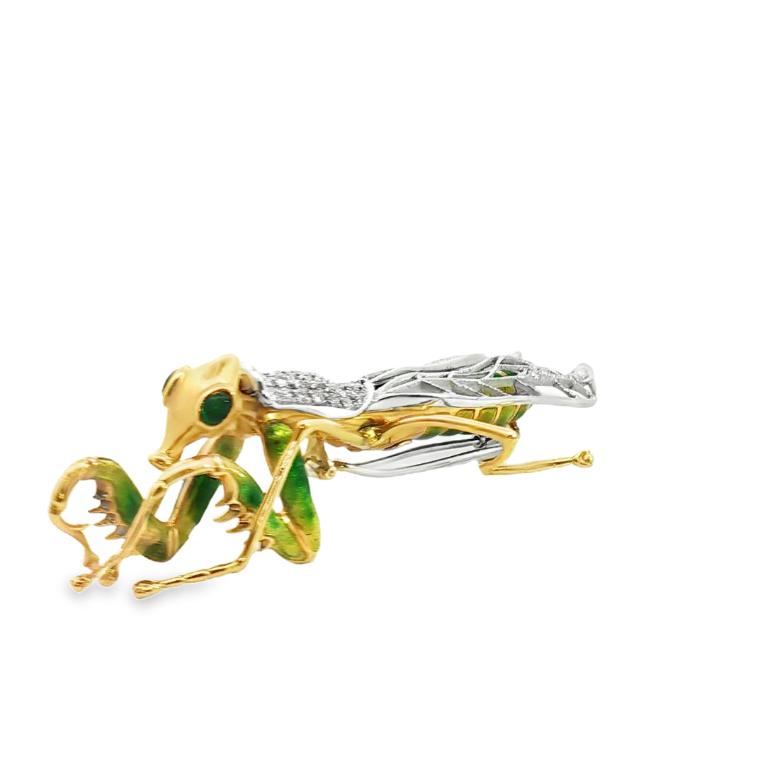 18ct Yellow Gold Mantis Brooch with Diamonds and Enamel