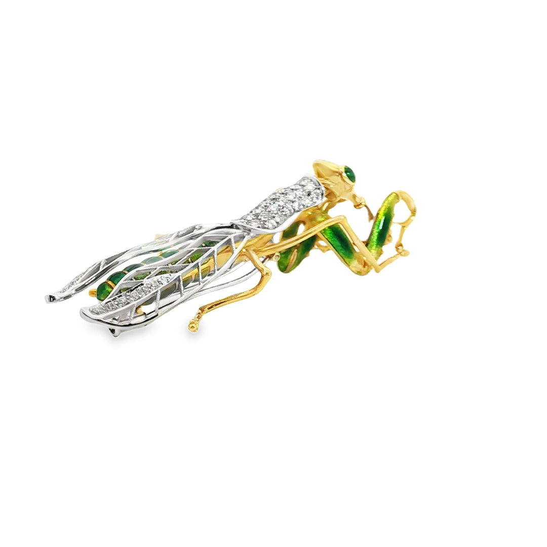 18ct Yellow Gold Mantis Brooch with Diamonds and Enamel