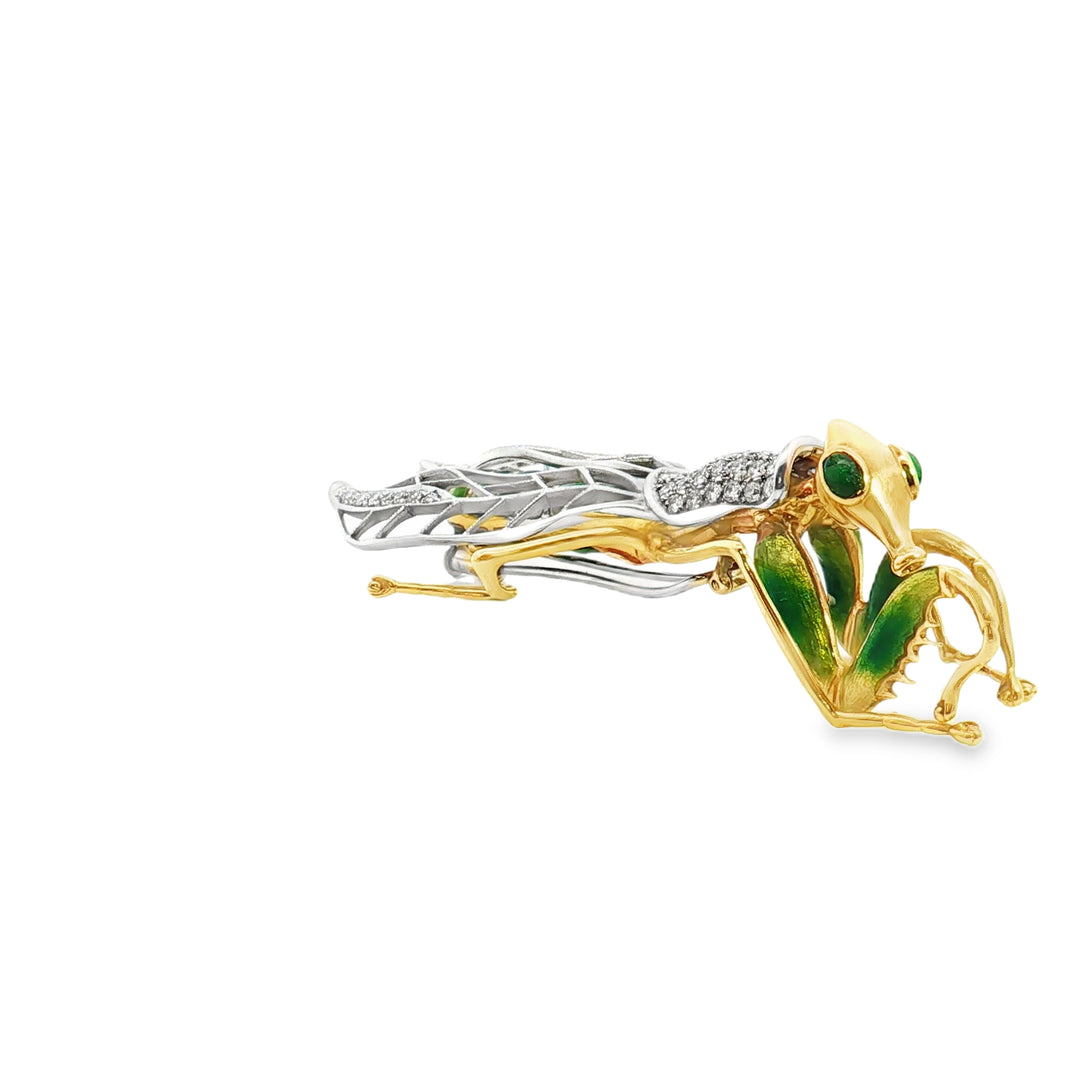 18ct Yellow Gold Mantis Brooch with Diamonds and Enamel