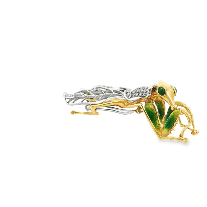 18ct Yellow Gold Mantis Brooch with Diamonds and Enamel