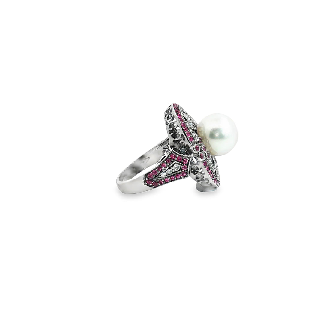 18ct White Gold Black Rhodium Cocktail Ring with Diamonds & Rubies