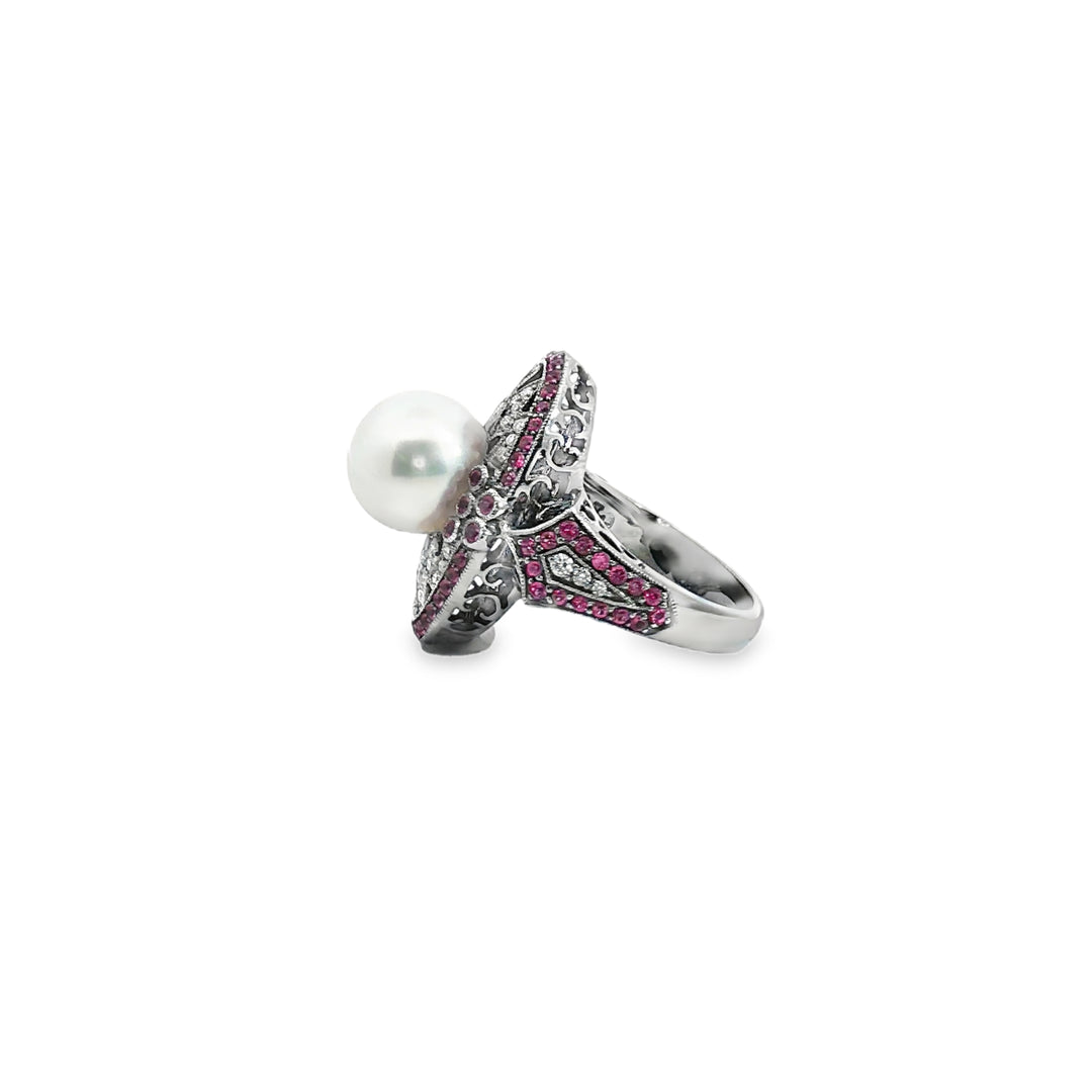 18ct White Gold Black Rhodium Cocktail Ring with Diamonds & Rubies