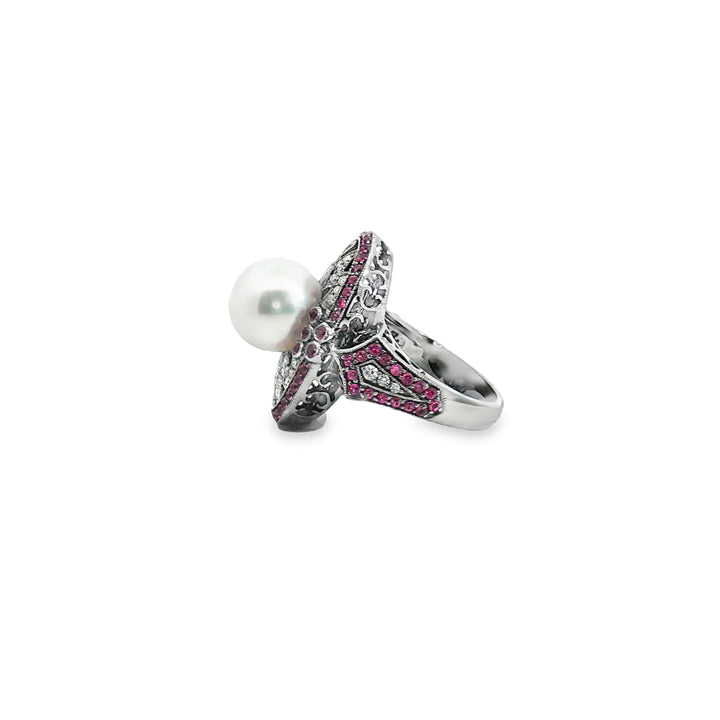 18ct White Gold Black Rhodium Cocktail Ring with Diamonds & Rubies