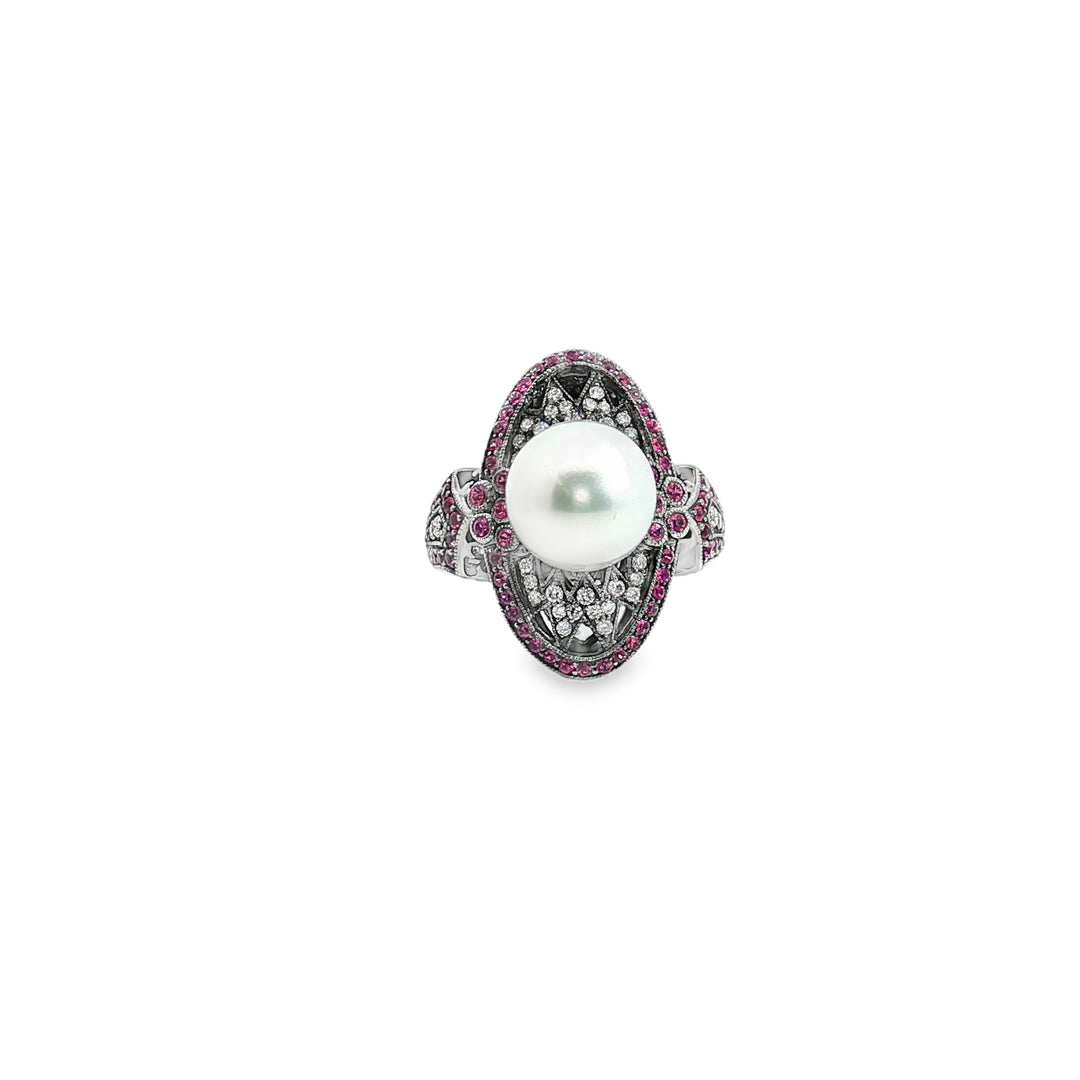 18ct White Gold Black Rhodium Cocktail Ring with Diamonds & Rubies