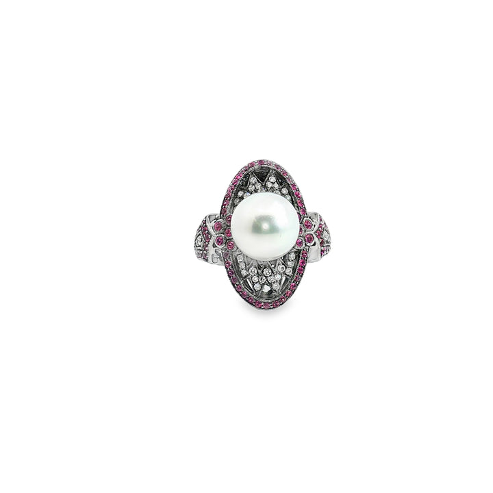 18ct White Gold Black Rhodium Cocktail Ring with Diamonds & Rubies