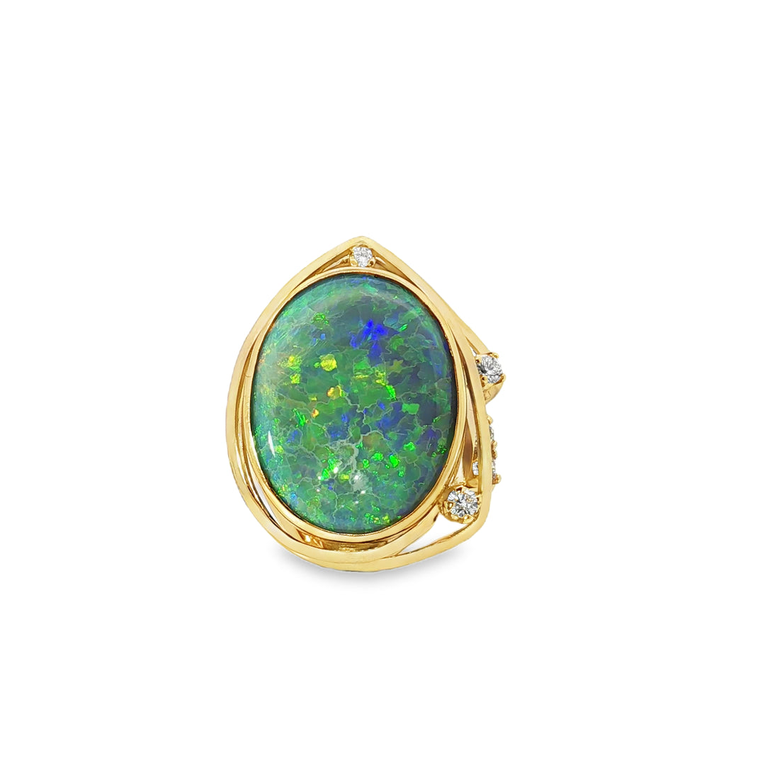 18ct Yellow Gold Lightening Ridge Opal and Diamond Cabochon Cocktail Ring