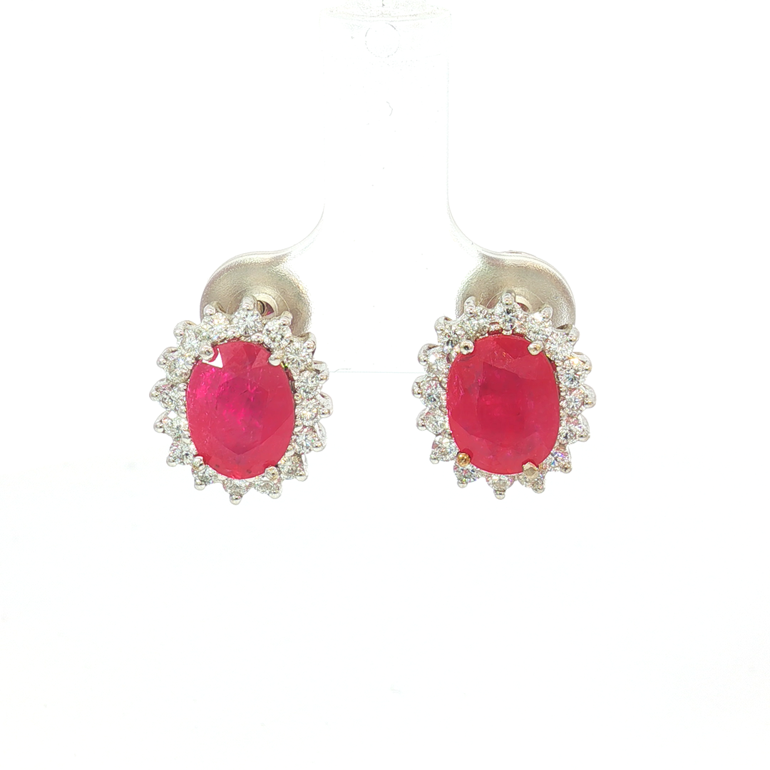 18ct White Gold Stud Ruby and Diamond Cluster earrings.
