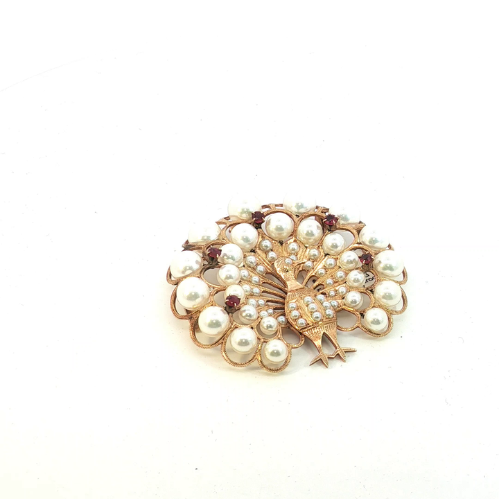 Vintage Inspired 14ct Pearl and Ruby Peacock Brooch