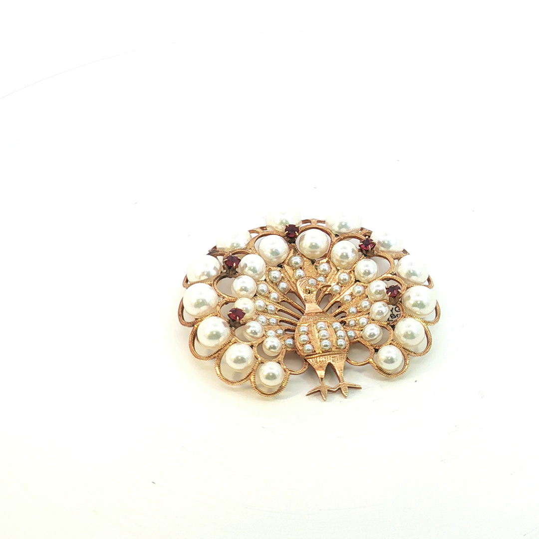Vintage Inspired 14ct Pearl and Ruby Peacock Brooch