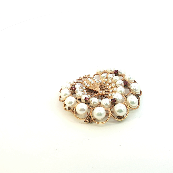 Vintage Inspired 14ct Pearl and Ruby Peacock Brooch