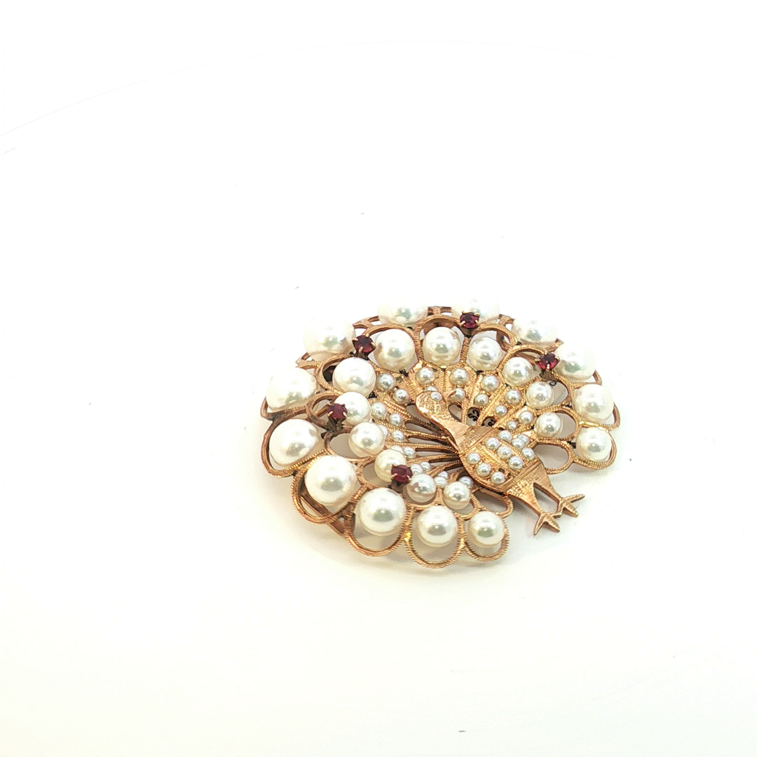 Vintage Inspired 14ct Pearl and Ruby Peacock Brooch