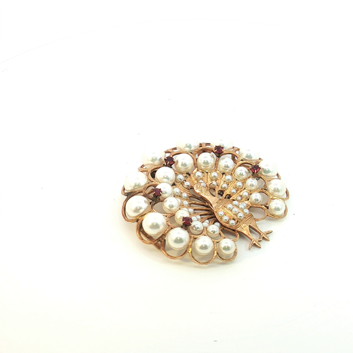 Vintage Inspired 14ct Pearl and Ruby Peacock Brooch