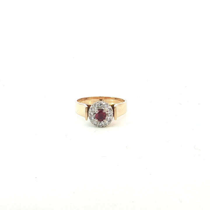 18ct YG/WG Ruby Ring with Diamond Halo