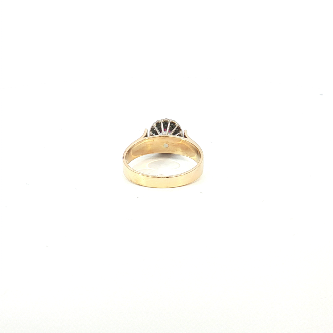 18ct YG/WG Ruby Ring with Diamond Halo