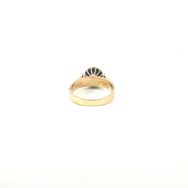 18ct YG/WG Ruby Ring with Diamond Halo