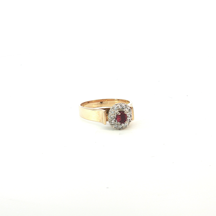 18ct YG/WG Ruby Ring with Diamond Halo