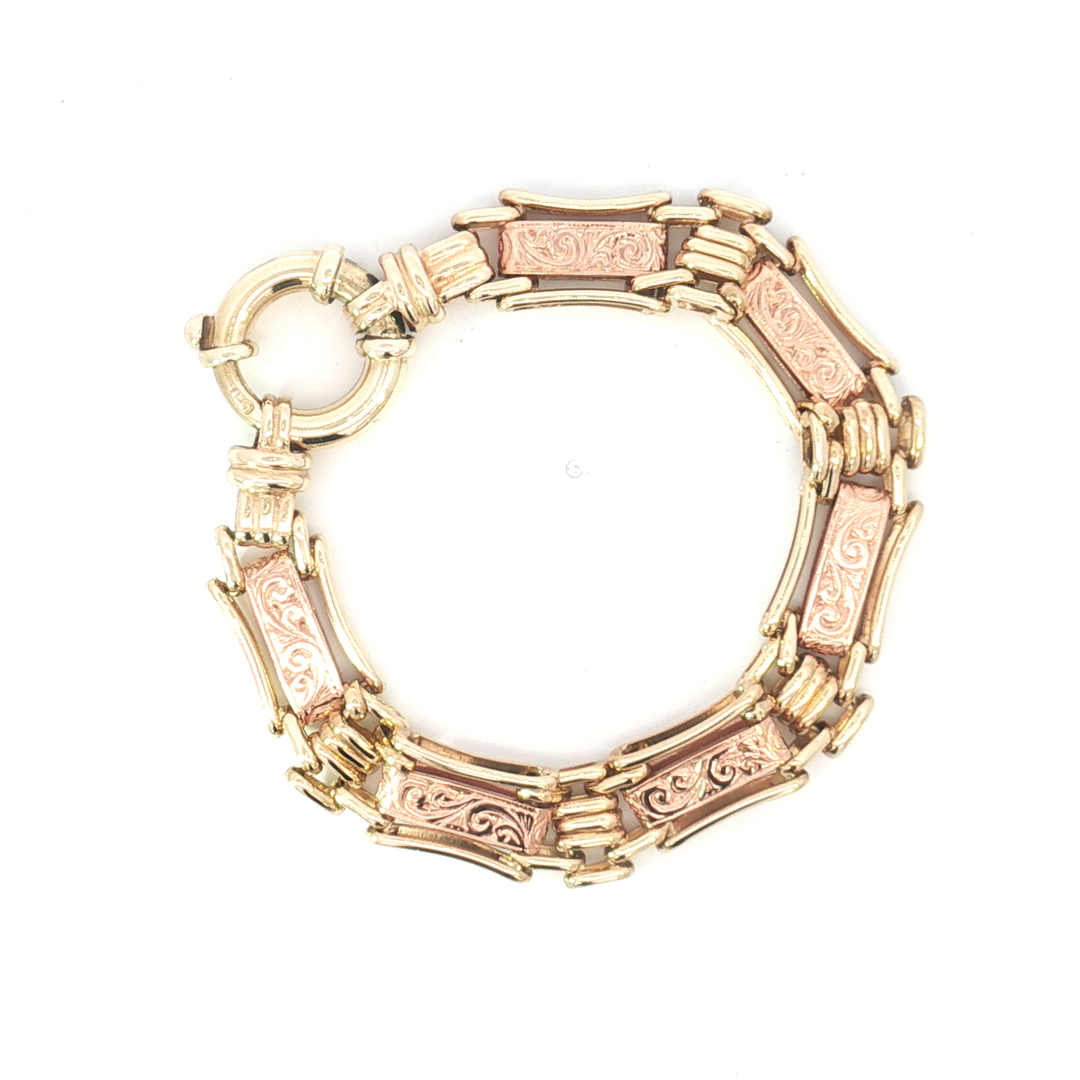 9ct YG/RG Engraved Bracelet with Large Bolt Ring