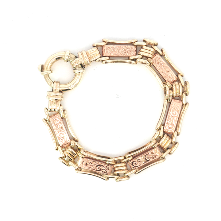 9ct YG/RG Engraved Bracelet with Large Bolt Ring