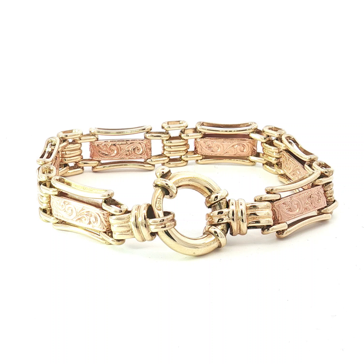 9ct YG/RG Engraved Bracelet with Large Bolt Ring