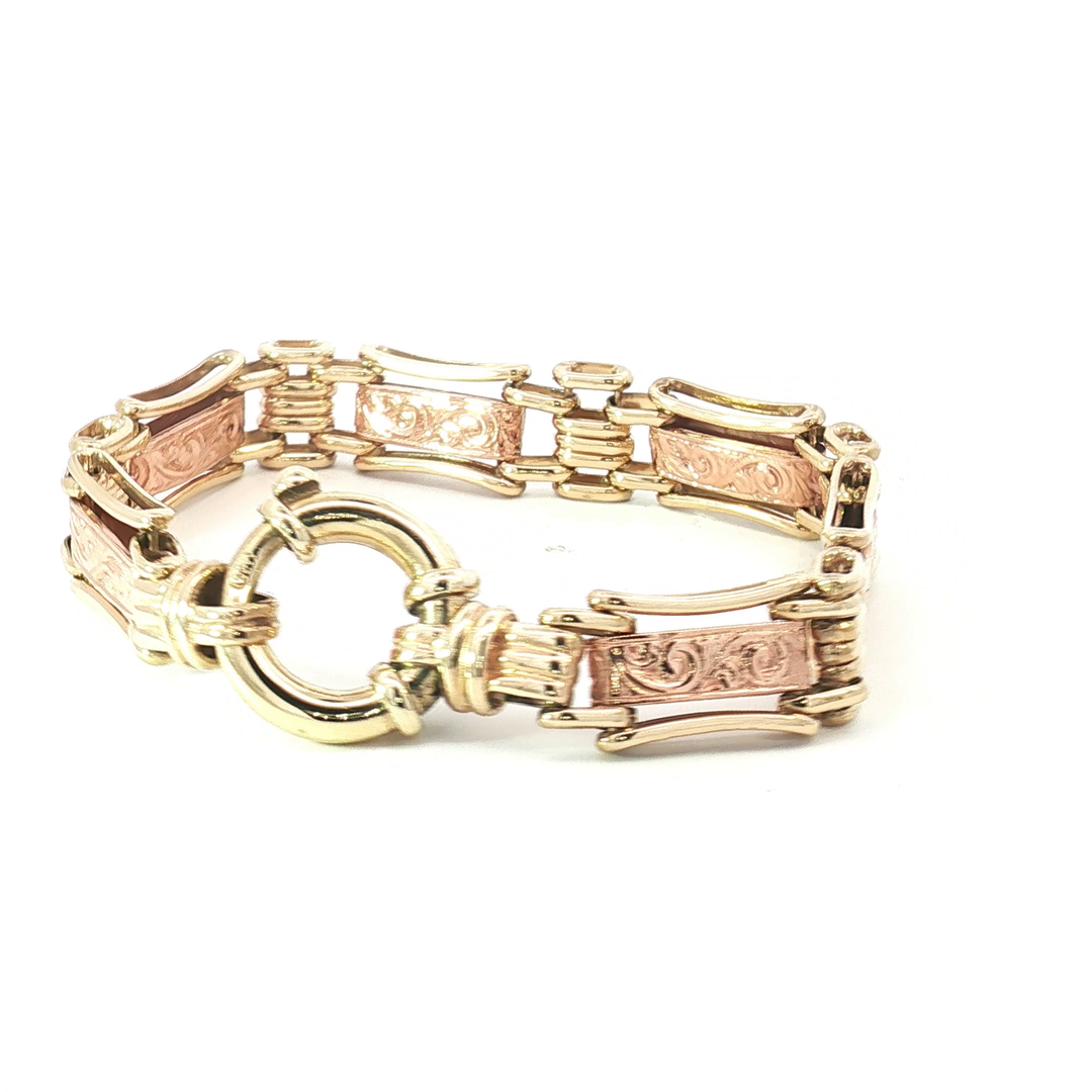 9ct YG/RG Engraved Bracelet with Large Bolt Ring