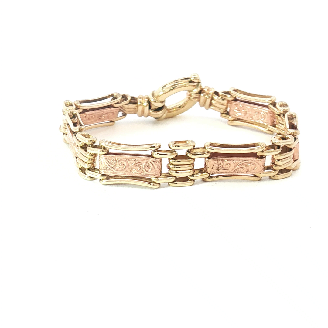 9ct YG/RG Engraved Bracelet with Large Bolt Ring