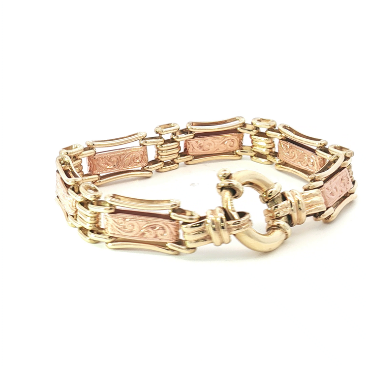 9ct YG/RG Engraved Bracelet with Large Bolt Ring