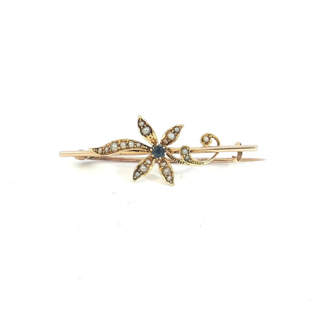 15ct YG Sapphire and Seed Pearl Brooch