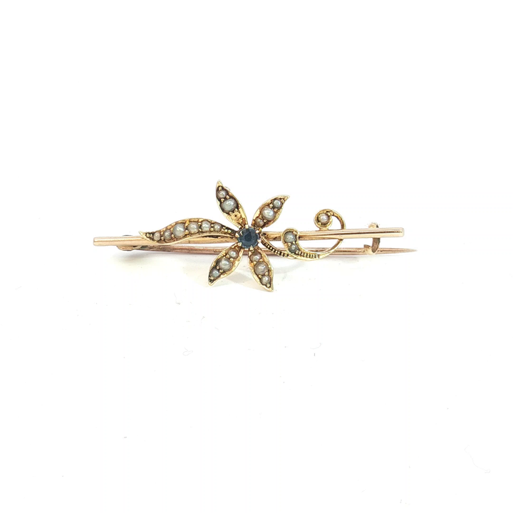 15ct YG Sapphire and Seed Pearl Brooch