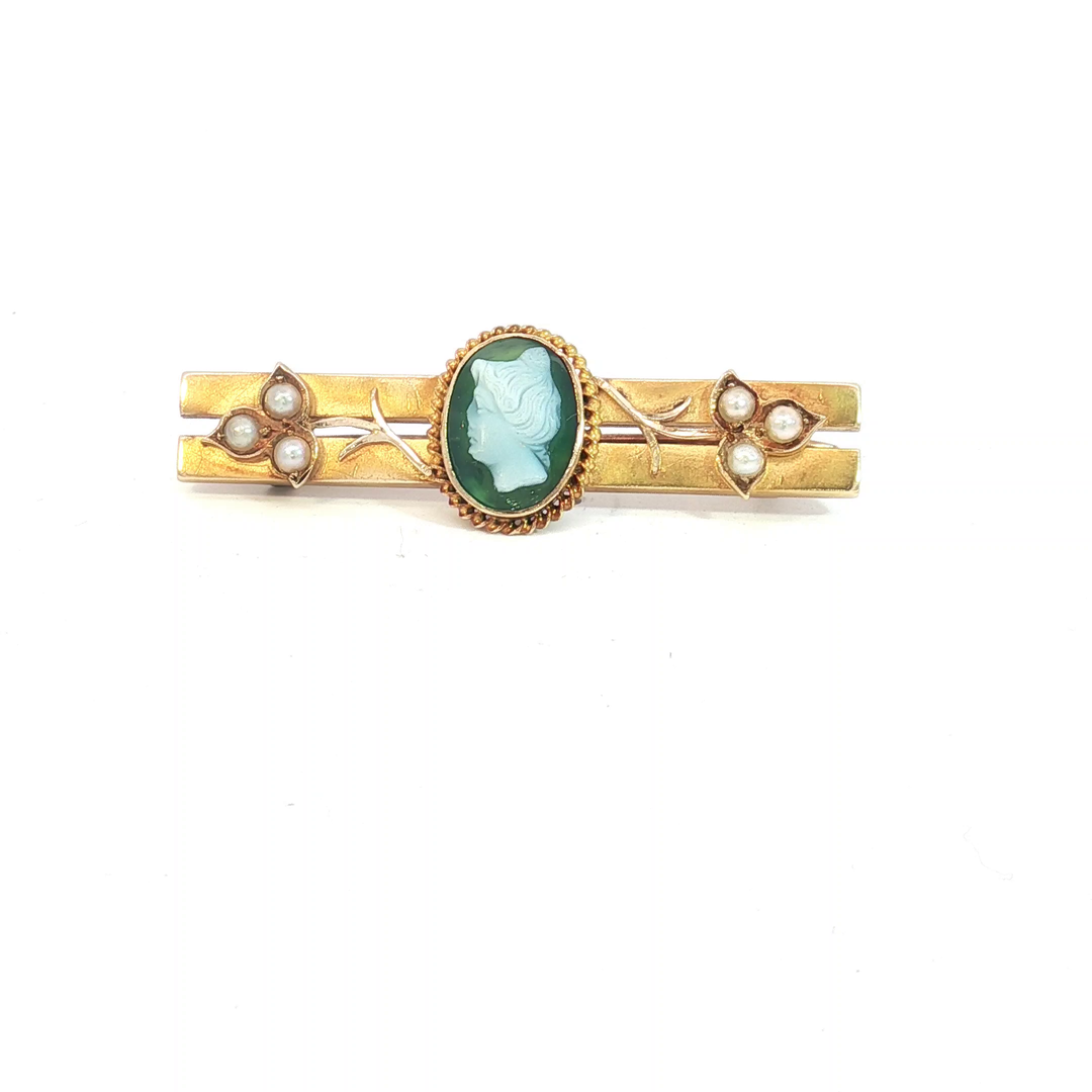 15ct YG Cameo and Seed Pearl Bar Brooch