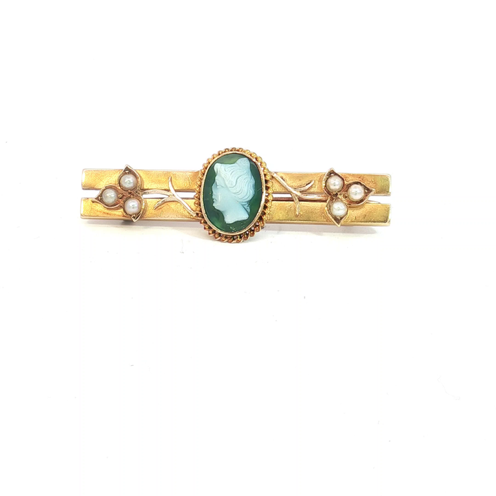 15ct YG Cameo and Seed Pearl Bar Brooch