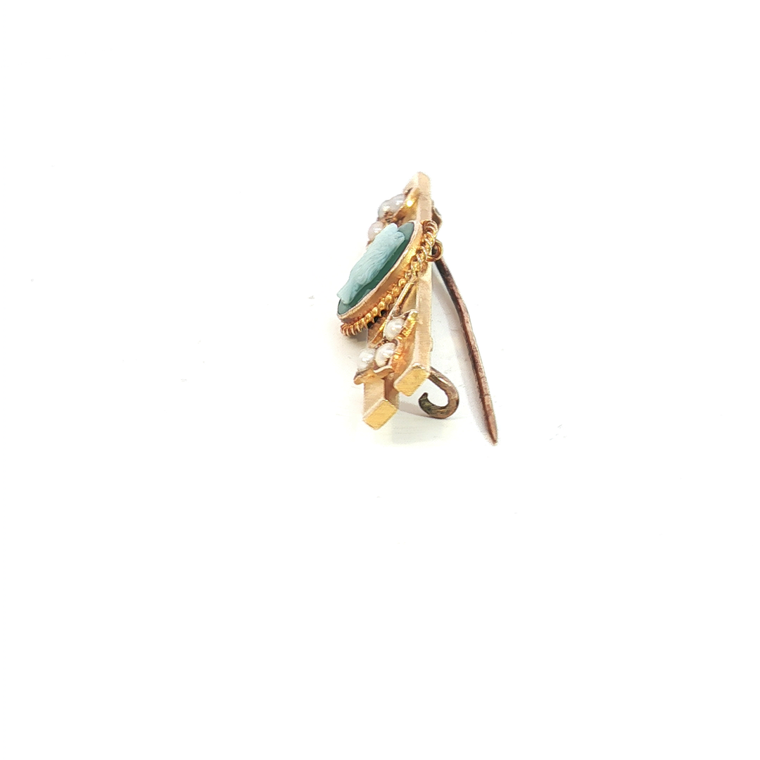 15ct YG Cameo and Seed Pearl Bar Brooch