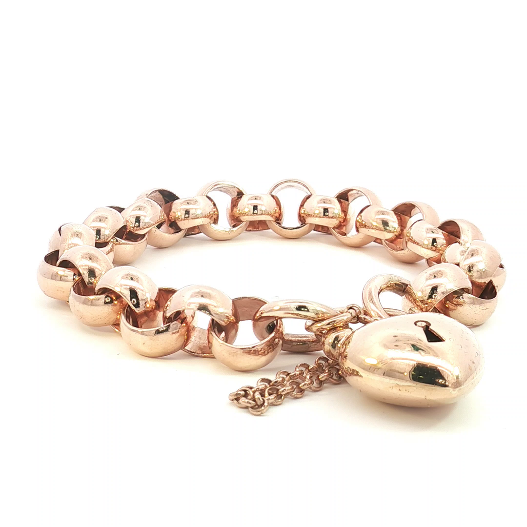 9ct RG Belcher Link Heart Padlock Bracelet