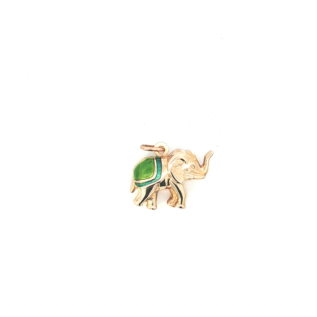 Yellow Gold Elephant Pendant with Enamel Saddle