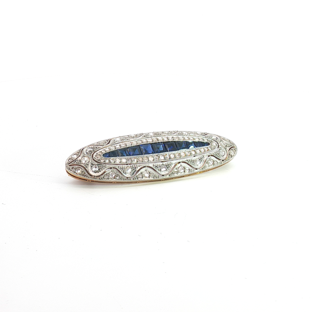 18ct YG and Platinum Blue Sapphire and Diamond Brooch