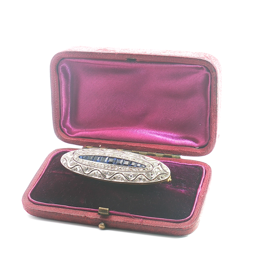 18ct YG and Platinum Blue Sapphire and Diamond Brooch