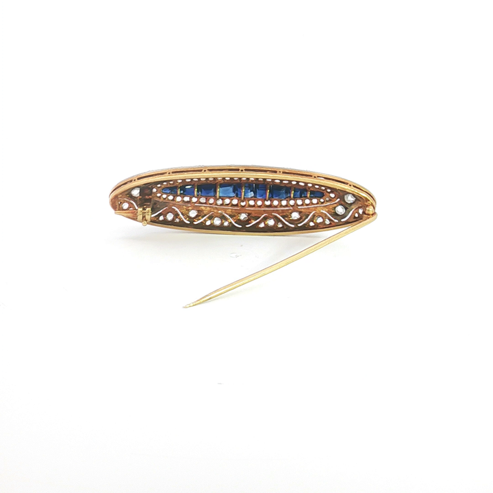 18ct YG and Platinum Blue Sapphire and Diamond Brooch