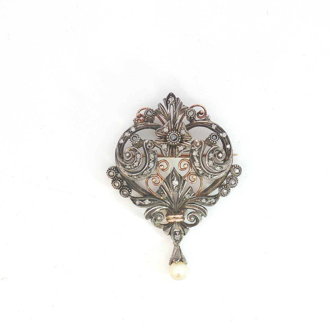 Antique Silver and Rose Gold Diamond Scroll Brooch with Pearl Drop