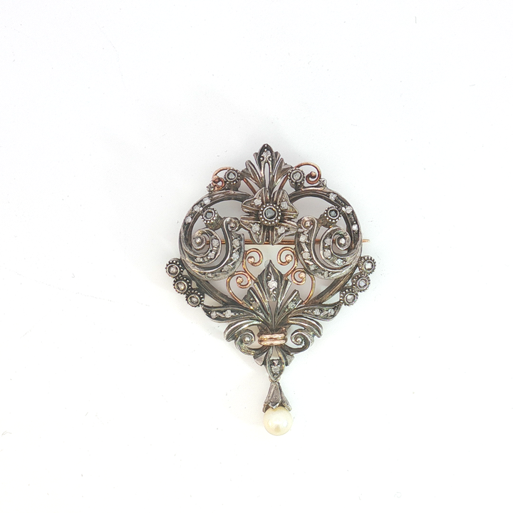 Antique Silver and Rose Gold Diamond Scroll Brooch with Pearl Drop
