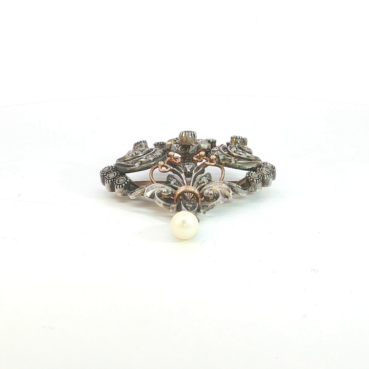 Antique Silver and Rose Gold Diamond Scroll Brooch with Pearl Drop