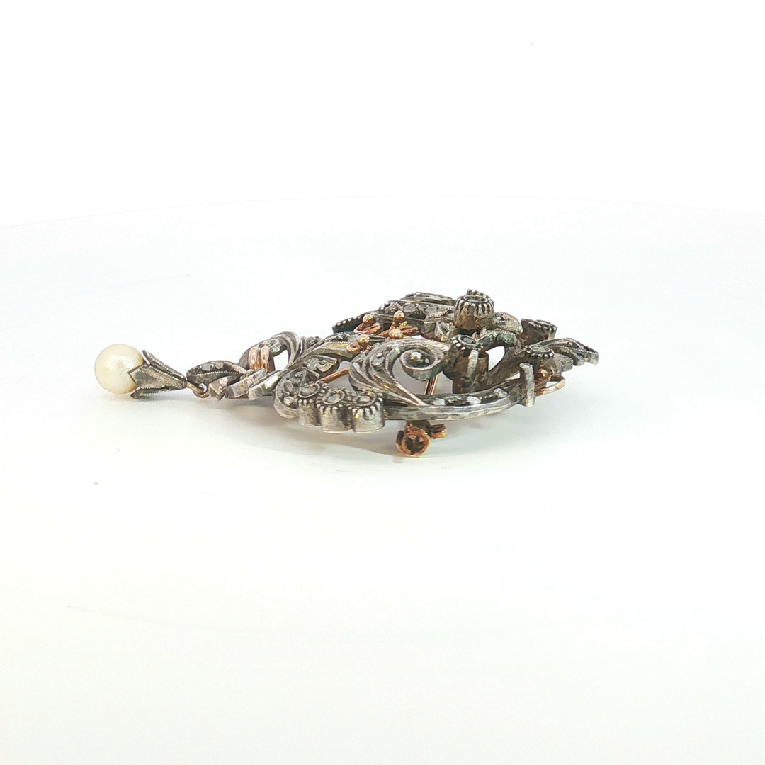 Antique Silver and Rose Gold Diamond Scroll Brooch with Pearl Drop