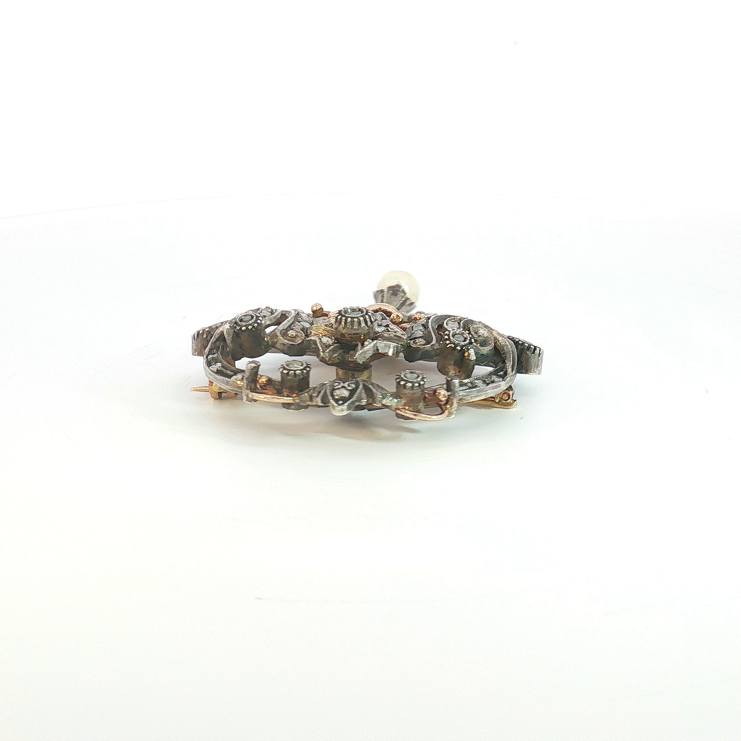 Antique Silver and Rose Gold Diamond Scroll Brooch with Pearl Drop