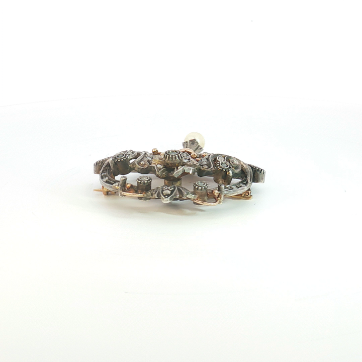 Antique Silver and Rose Gold Diamond Scroll Brooch with Pearl Drop
