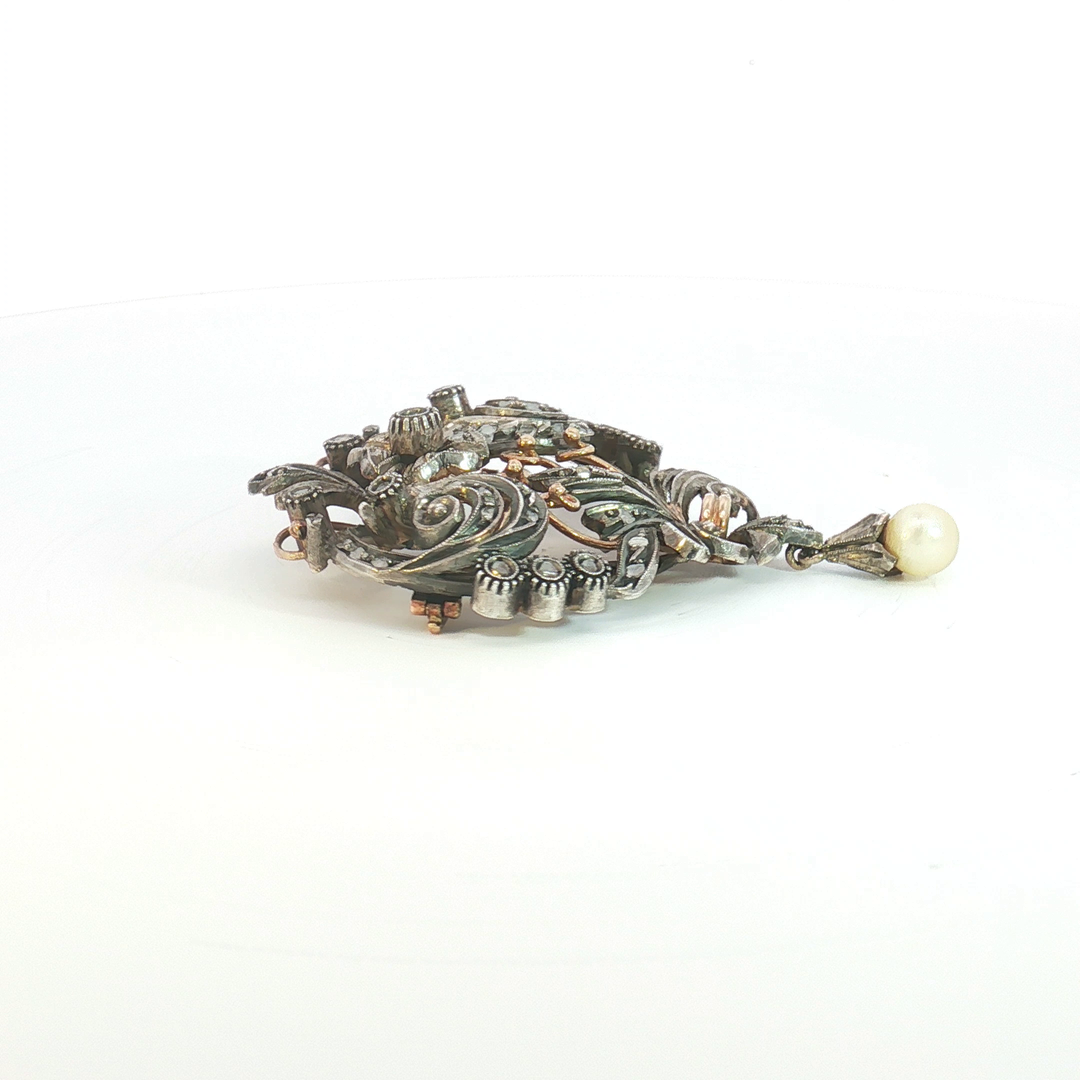 Antique Silver and Rose Gold Diamond Scroll Brooch with Pearl Drop