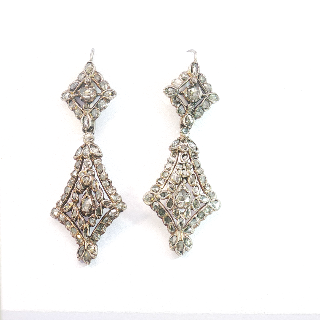 Silver Rose-Cut Diamond Lozenge Drop Earrings