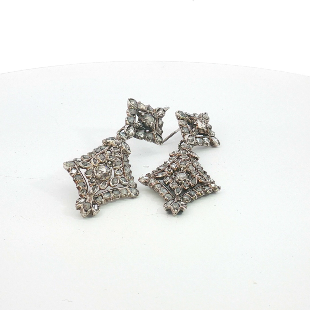 Silver Rose-Cut Diamond Lozenge Drop Earrings