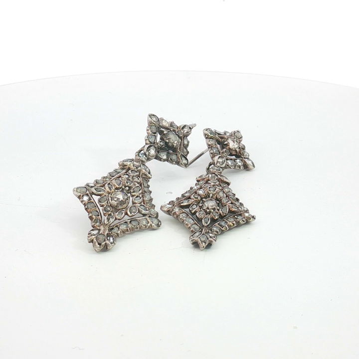 Silver Rose-Cut Diamond Lozenge Drop Earrings