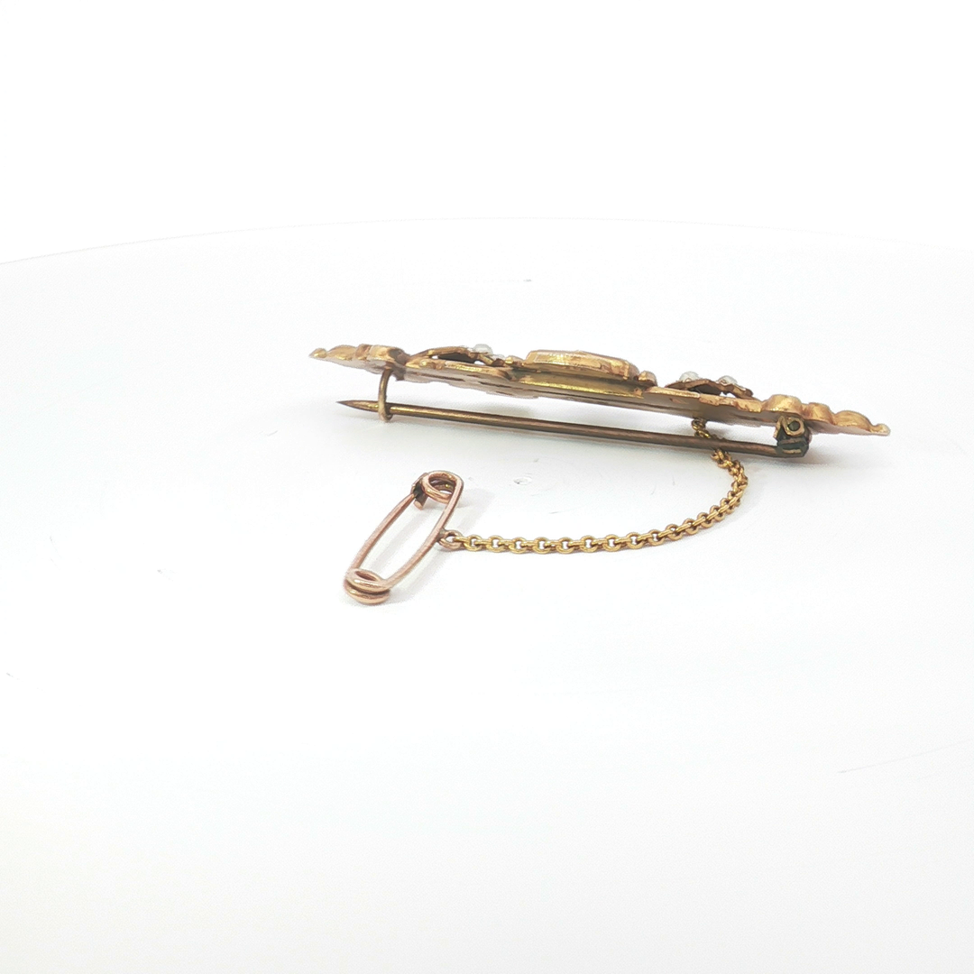 9ct YG Seed Pearl and Shield Motif Brooch