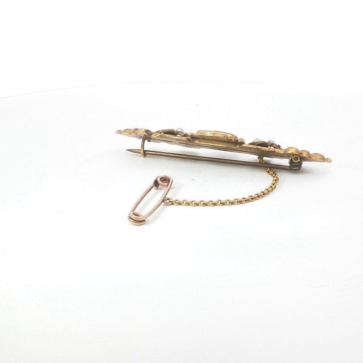 9ct YG Seed Pearl and Shield Motif Brooch